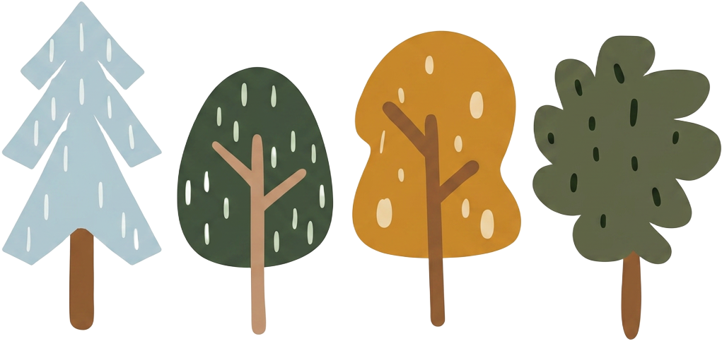 Illustration of four stylised trees in a woodland